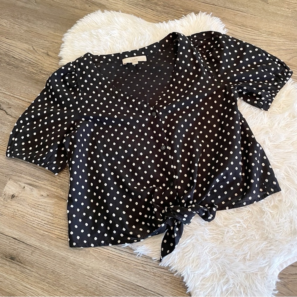 LOFT Button Front Tie Hem Blouse Puff Sleeve Small Embroidered